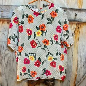 Kathie Lee Vintage 80s Floral Print Women's Blouse Short Sleeve No Stretch